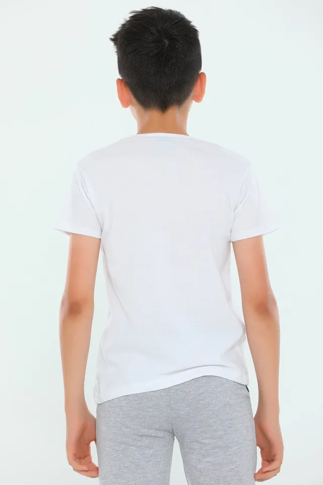 Erkek Çocuk Likralı Bisiklet Yaka Baskılı T-shirt Beyaz