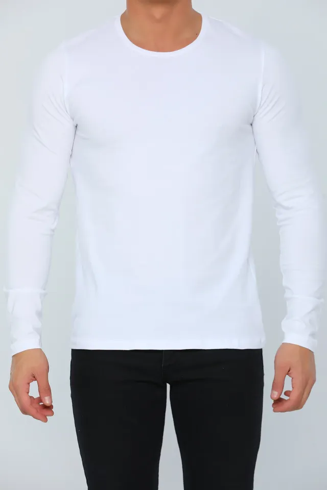 Erkek Likralı Bisiklet Yaka Uzun Kol Basic T-shirt Beyaz