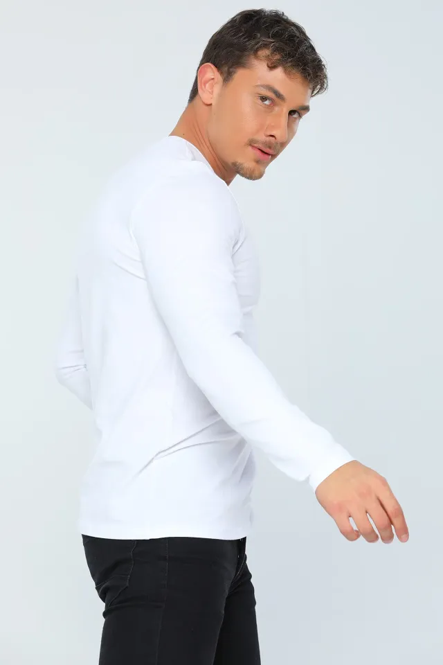 Erkek Likralı Bisiklet Yaka Uzun Kol Basic T-shirt Beyaz