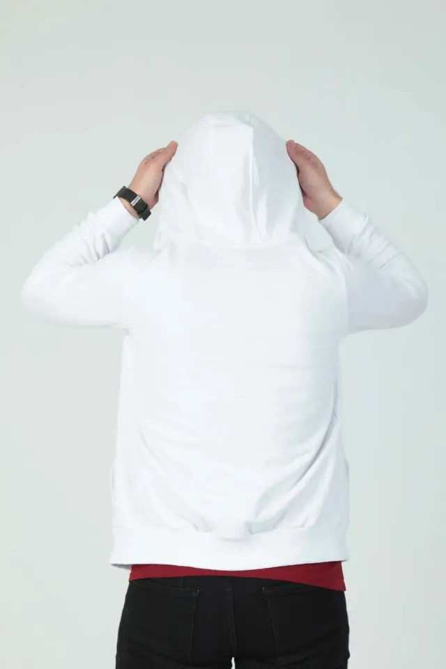 Erkek Fermuarlı Kapüşonlu Sweatshirt Beyaz
