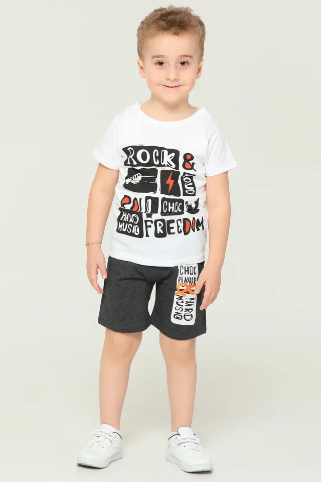Erkek Çocuk Bisiklet Yaka Baskılı T-shirt Şort İkili Takım Beyaz