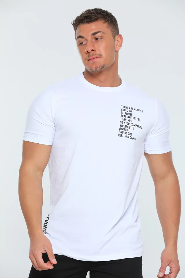 Erkek Ful Likralı Bisiklet Yaka Baskılı T-shirt Beyaz