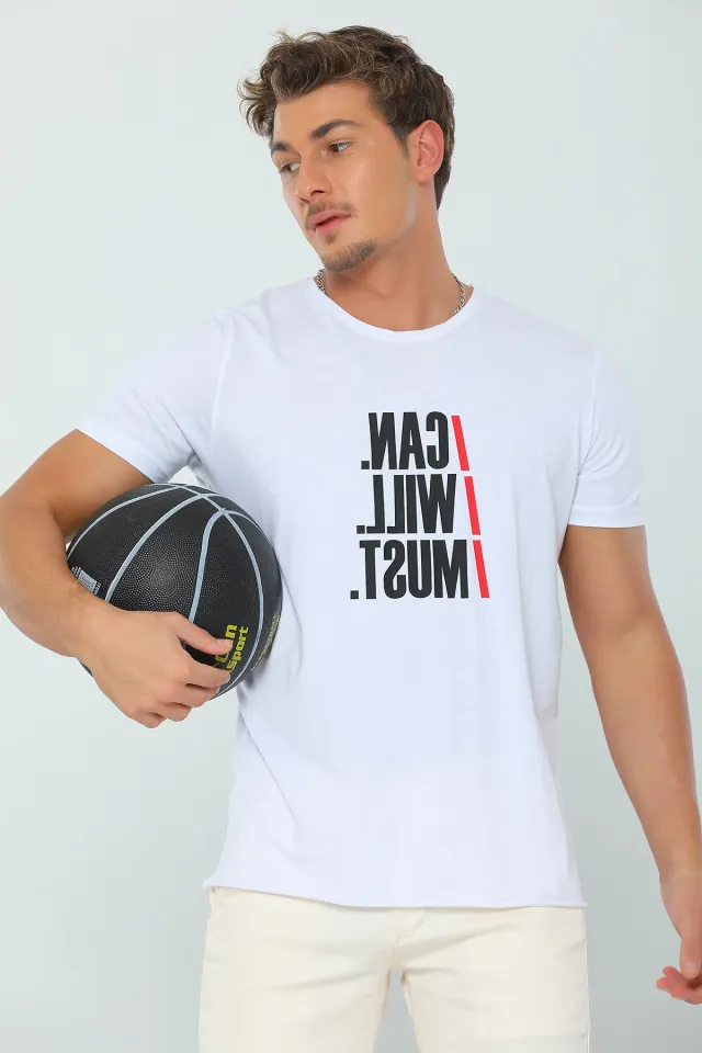 Erkek Likralı Bisiklet Yaka Yazı Baskılı T-shirt Beyaz