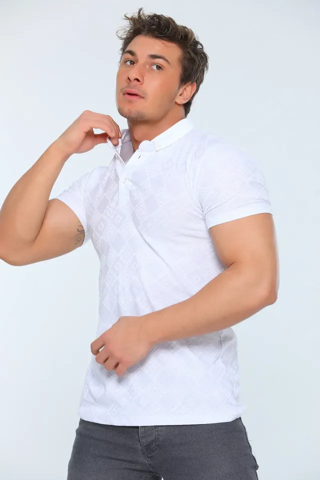 Erkek Likralı Polo Yaka Desenli T-shirt Beyaz