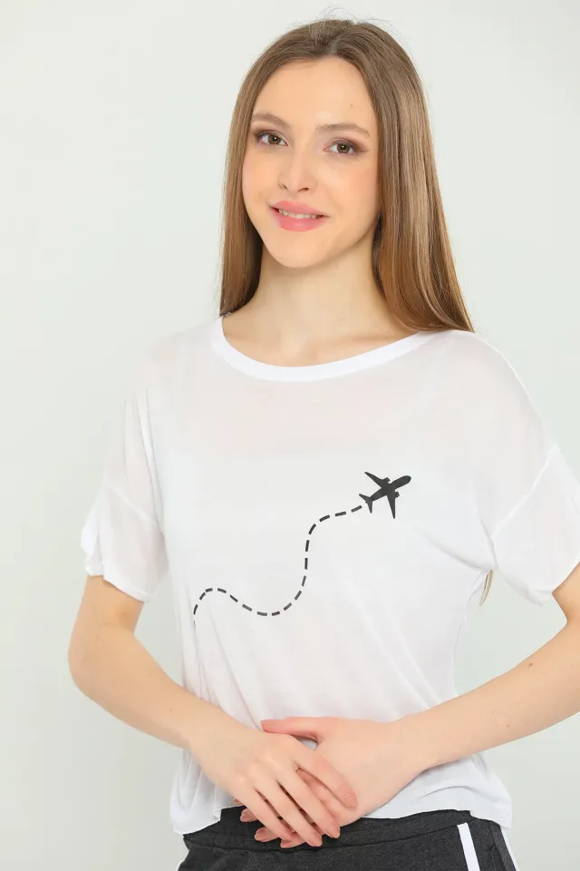 Kadın Duble Kol Baskılı Crop T-shirt Beyaz