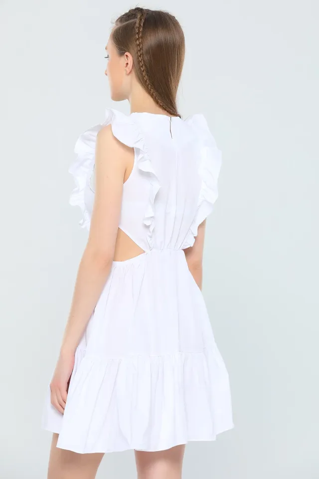 Kadın Fırfırlı Bel Dekolteli Mini Elbise Beyaz