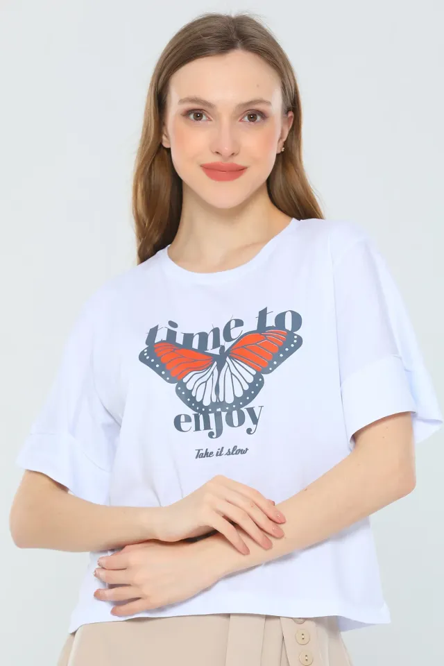 Kadın Likralı Bisiklet Yaka Duble Kol Baskılı T-shirt Beyaz