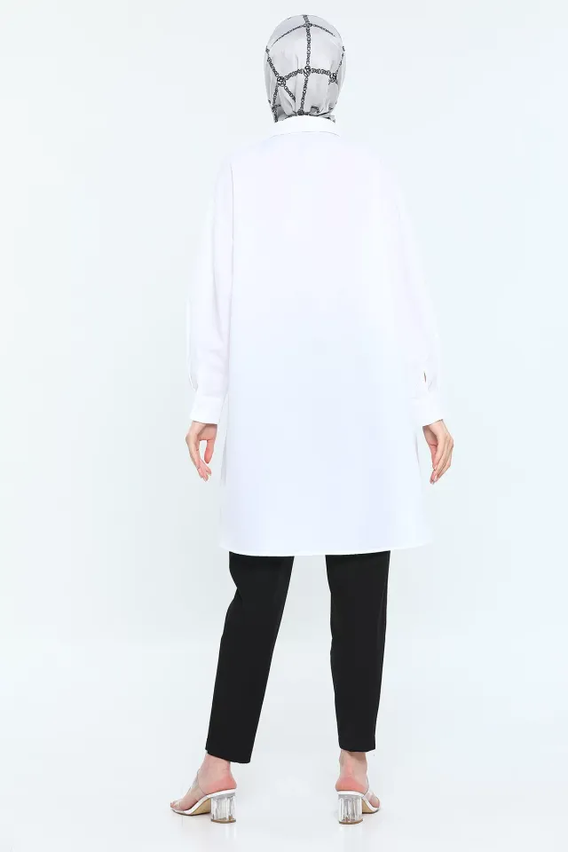 Kadın Modest Oversize Yan Yırtmaçlı Tesettür Gömlek Tunik Beyaz