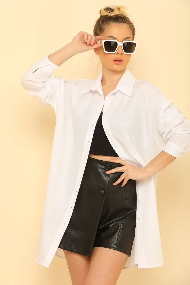 Kadın Oversize Basic Gömlek Tunik Beyaz