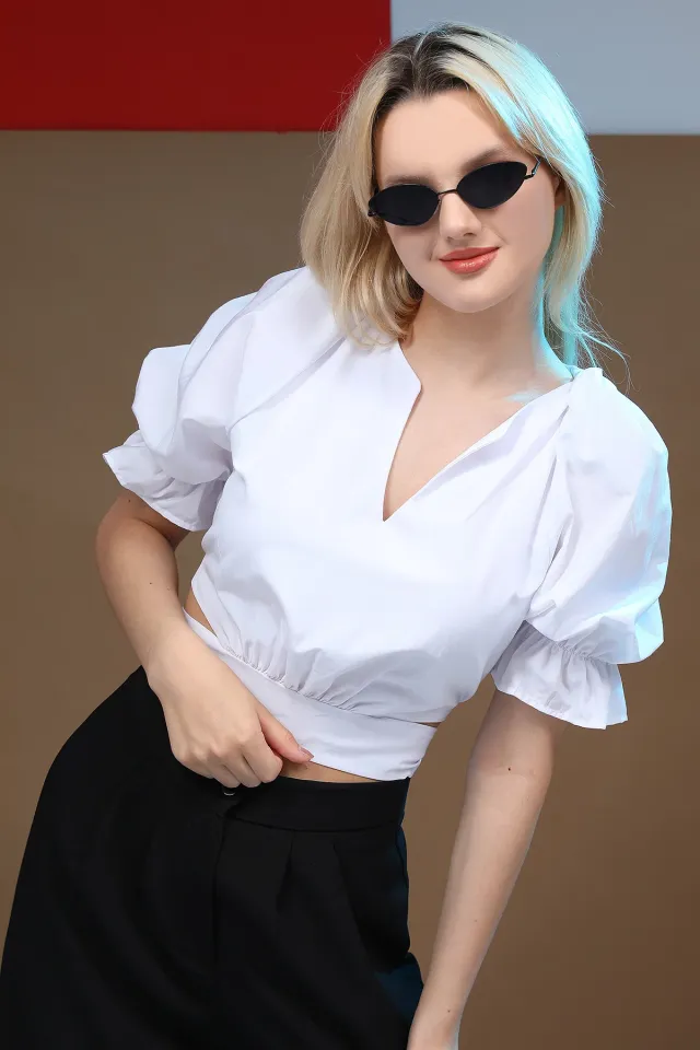 Kadın V Yaka Bağlanabilir Bel Detaylı Crop Bluz Beyaz