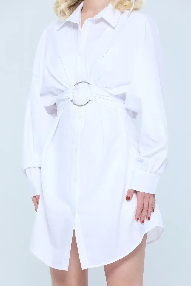 Kadın Yarasa Kol Önü Halkalı Gömlek Tunik Beyaz