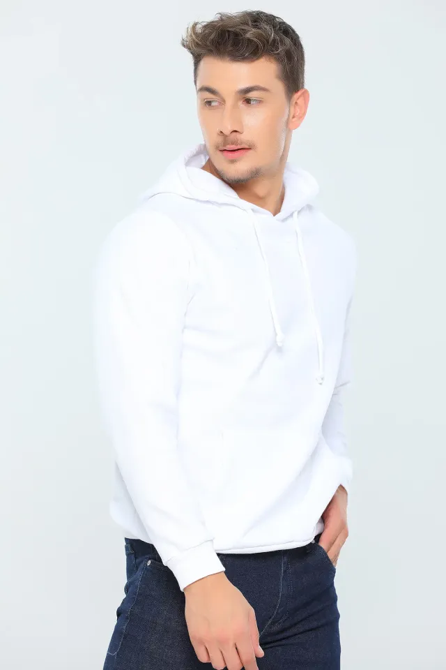 Erkek Kapüşonlu Kanguru Cepli Basic Sweatshirt Beyaz