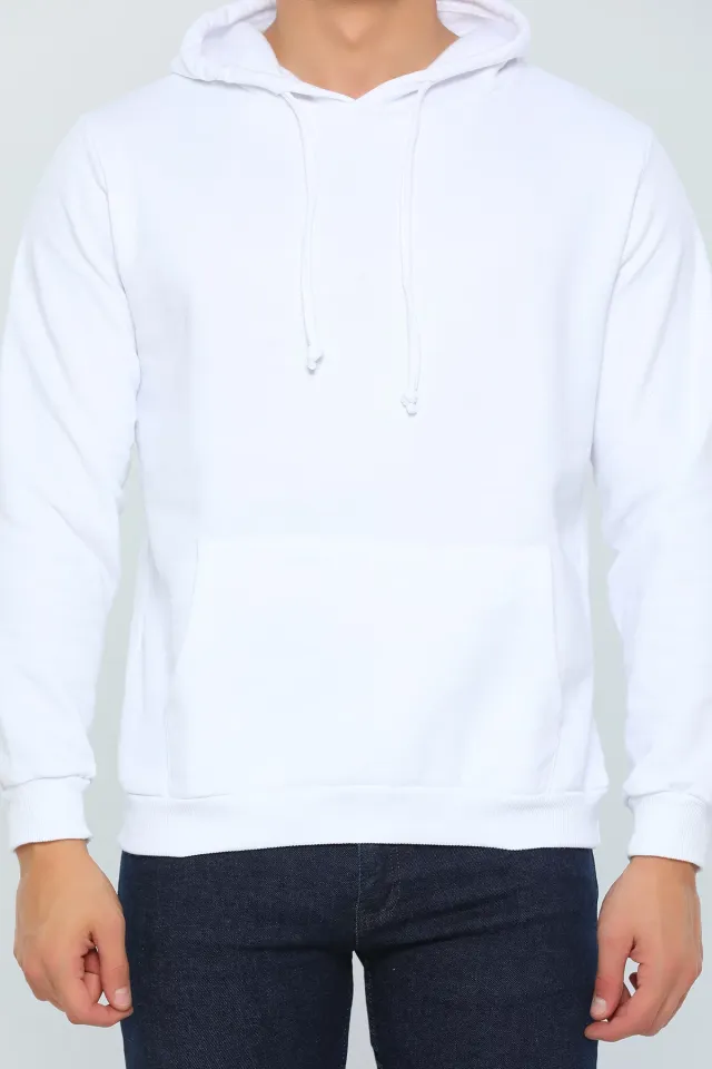 Erkek Kapüşonlu Kanguru Cepli Basic Sweatshirt Beyaz