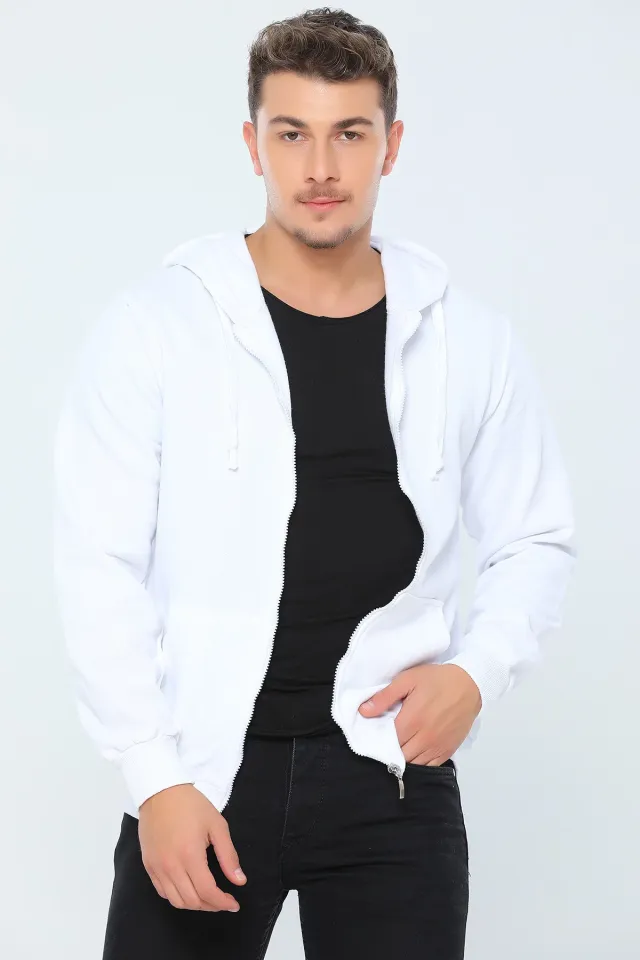 Erkek Kapüşonlu Fermuarlı Basic Sweatshirt Beyaz