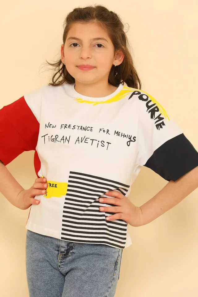 Kız Çocuk Likralı Bisiklet Yaka T-shirt Beyaz