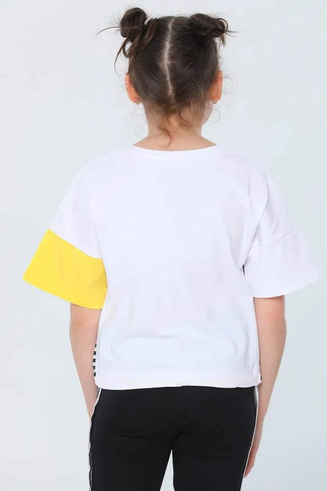 Kız Çocuk Likralı Bisiklet Yaka Çizgili Bel Detaylı T-shirt Beyaz
