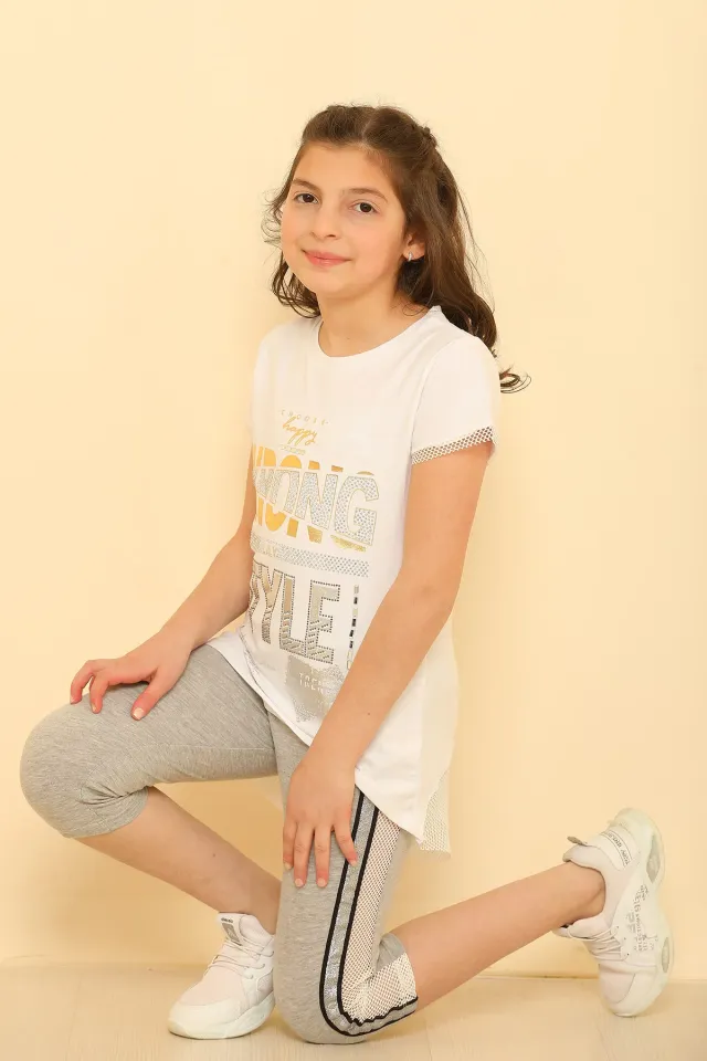 Kız Çocuk Likralı Bluz Tayt İkili Takım Beyaz