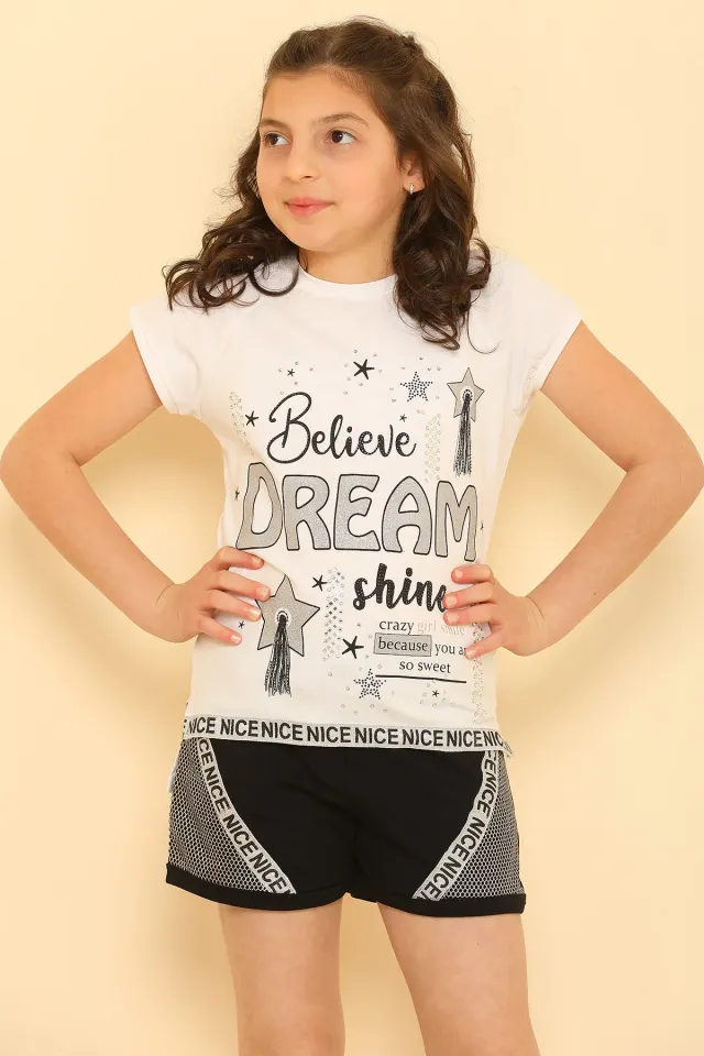 Kız Çocuk Likralı T-shirt Şort İkili Takım Beyaz