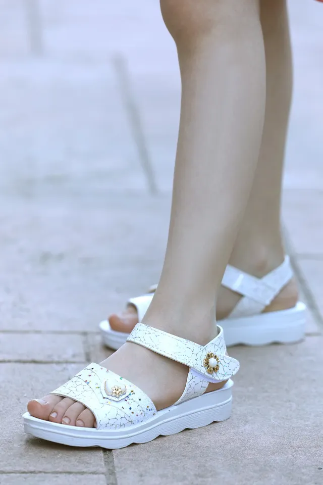 Kız Çocuk Rahat Taban Cırtlı Simli Sandalet Beyaz