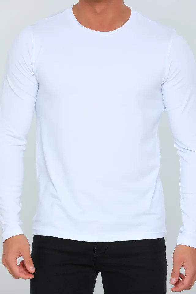 Erkek Likralı Bisiklet Yaka Uzun Kollu Basic Body Sweatshirt Beyaz