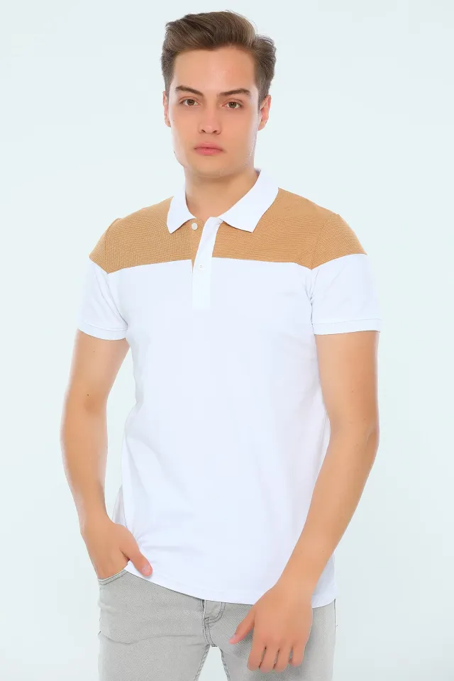 Polo Yaka Slim Fit Erkek T-shirt Beyazbisküvi