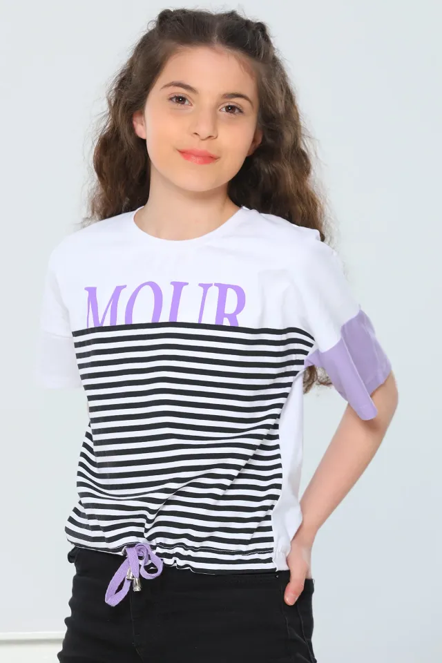 Kız Çocuk Likralı Bisiklet Yaka Çizgili Bel Detaylı T-shirt BeyazLila
