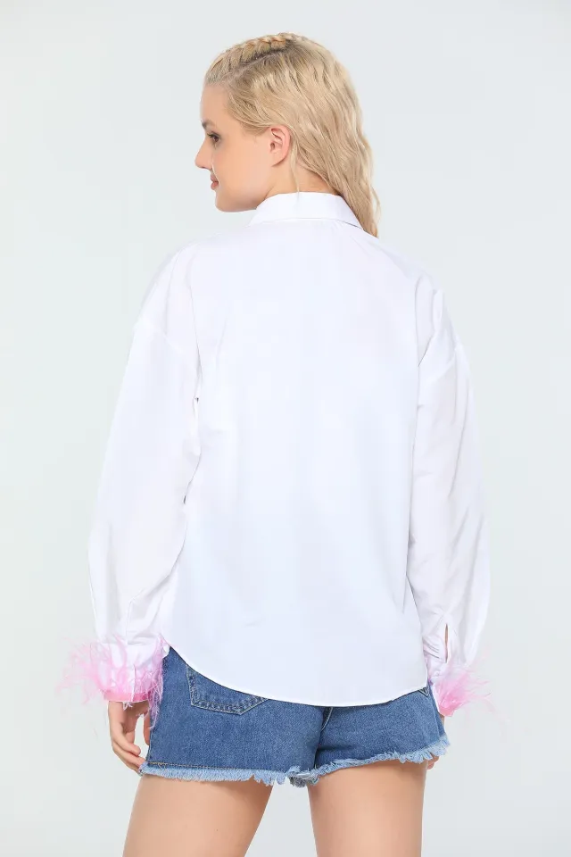 Kadın Kol Tüylü Basic Gömlek Beyazpembe