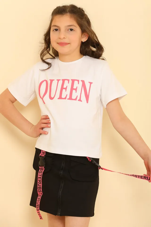 Kız Çocuk Likralı T-shirt Etek İkili Takım Beyazsiyah