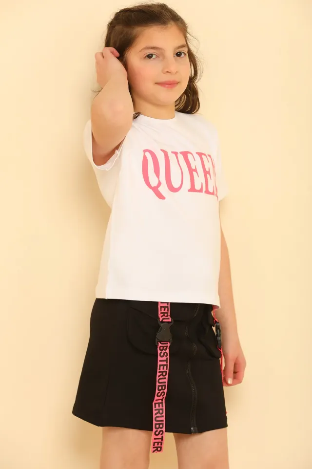 Kız Çocuk Likralı T-shirt Etek İkili Takım Beyazsiyah