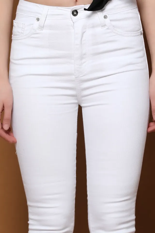 Bilek Boy Yüksek Bel Pantolon Beyaz