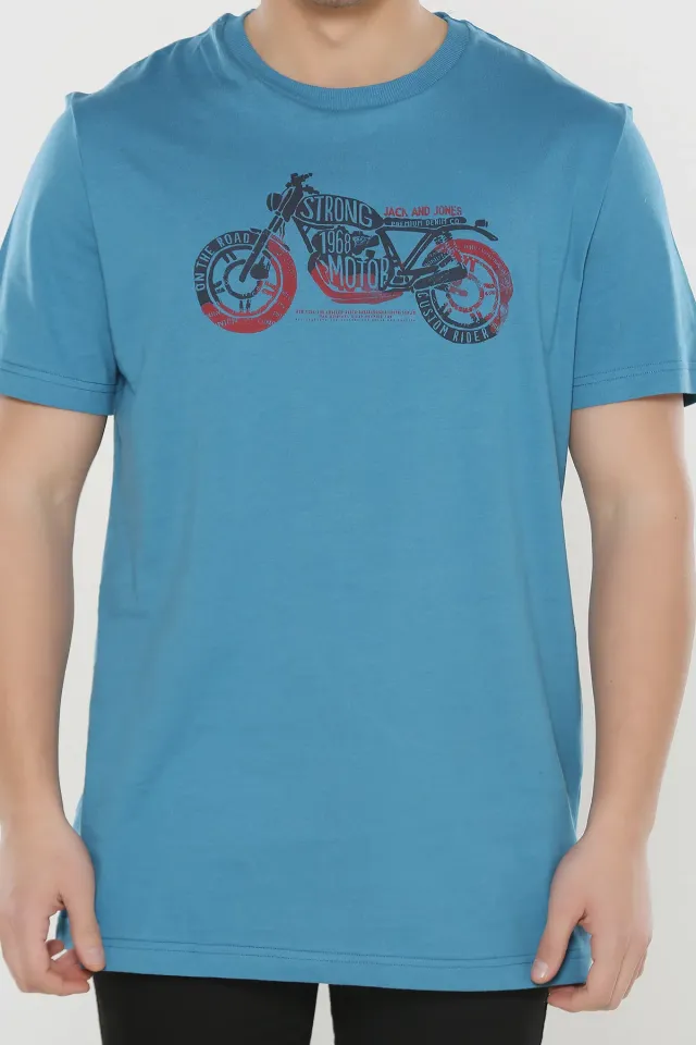 Bisiklet Yaka Baskılı Erkek T-shirt İndigo