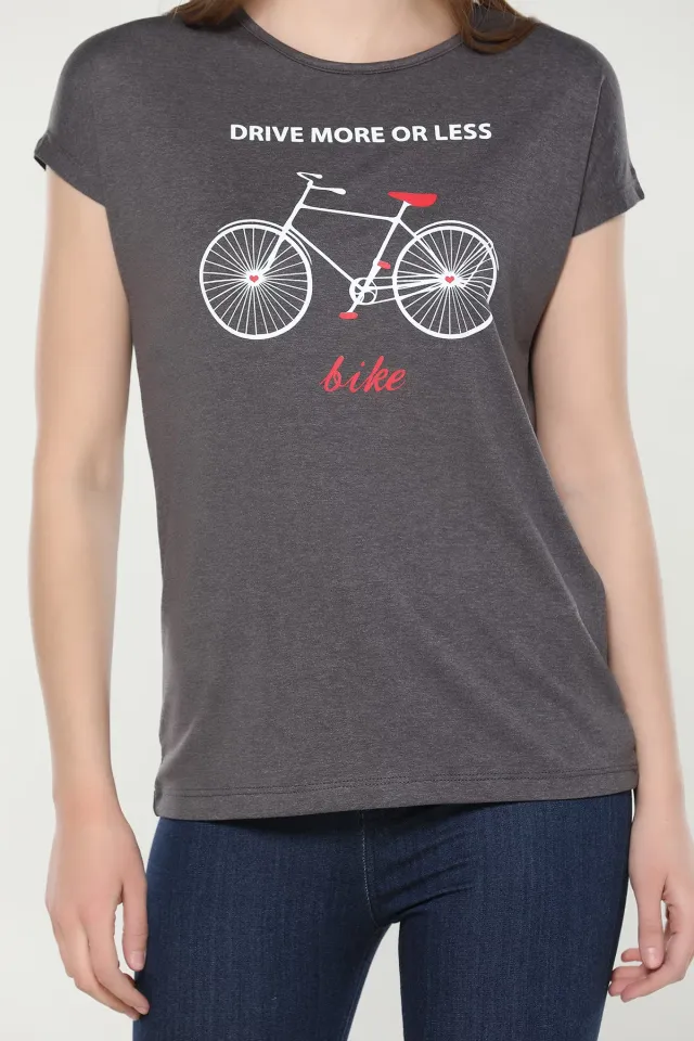 Bisiklet Yaka Baskılı T-shirt Antrasit