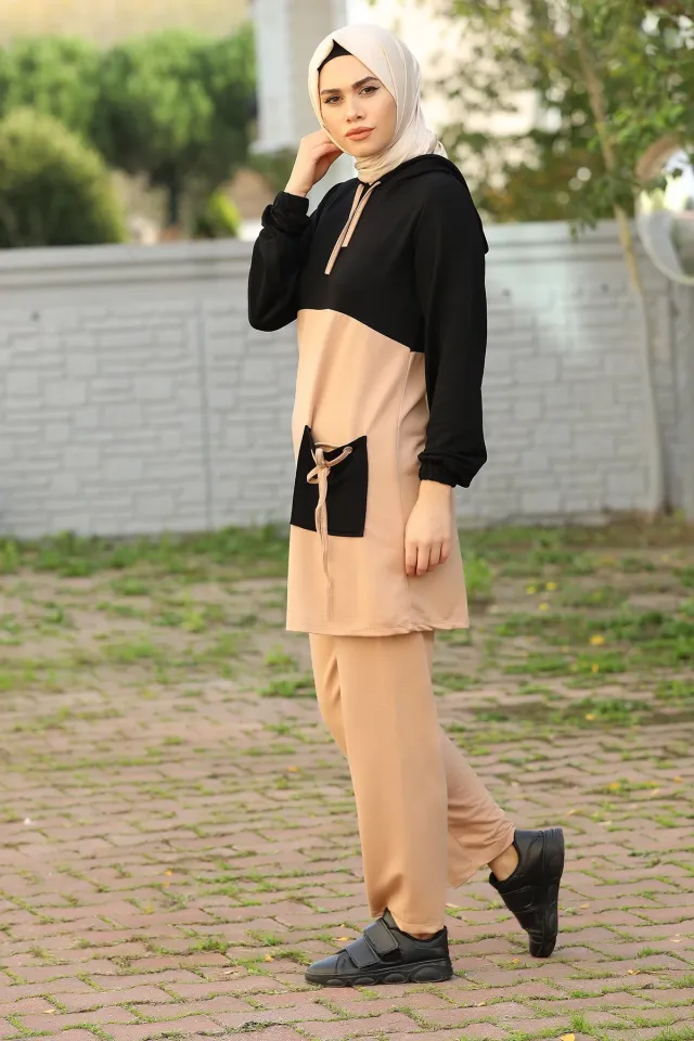 Kapüşonlu Renk Bloklu Cep Detaylı Kadın Ikili Takım Bej