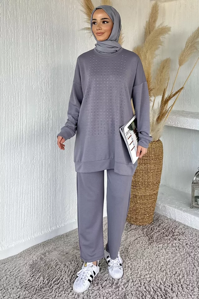 Bisiklet Yaka Ön Taşlı Büyük Beden Tesettür Tunik Pantolon İkili Takım - 1