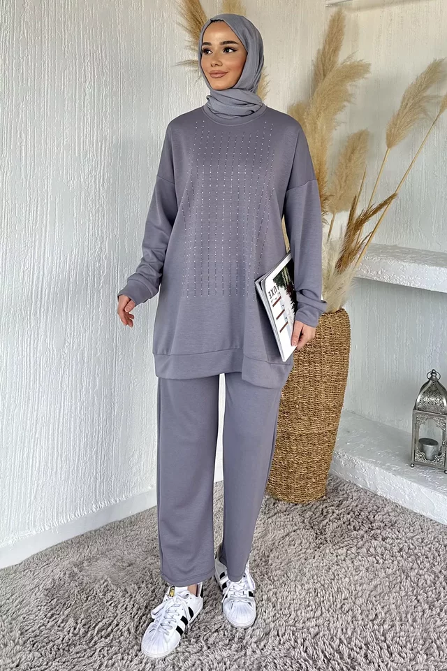 Bisiklet Yaka Ön Taşlı Büyük Beden Tesettür Tunik Pantolon İkili Takım