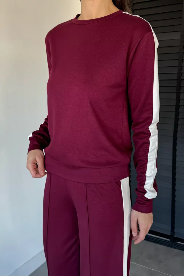 Bisiklet Yaka Şeritli Sweat Çimalı Pantolon İkili Takım