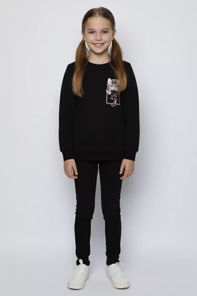 Bisiklet Yaka Üç İplik Şardonlu Baskılı Kız Çocuk Sweatshirt - 1