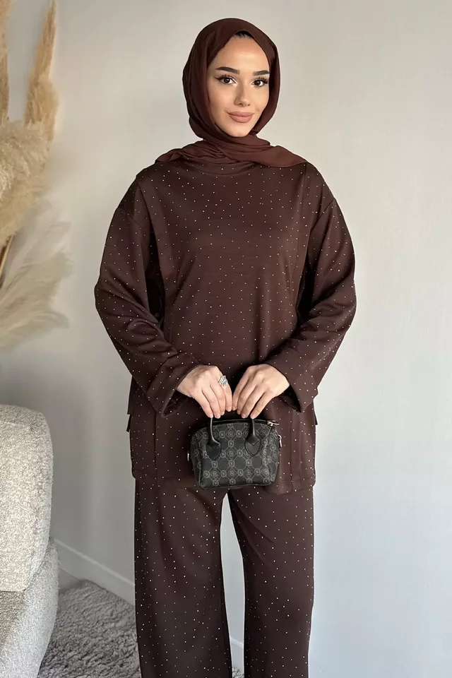 Bisiklet Yaka Yan Bağlamalı Taşlı Tesettür Tunik Bel Lastikli Pantolon İkili Takım - 2