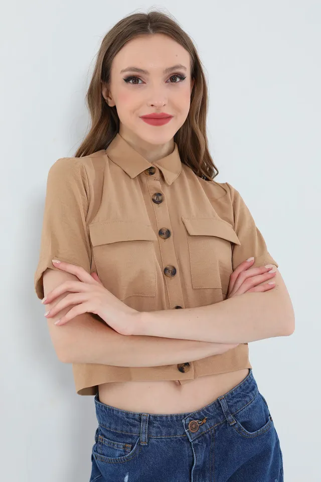 Kadın Kısa Kollu Yazlık Ayrobin Crop Gömlek Ceket Bisküvi