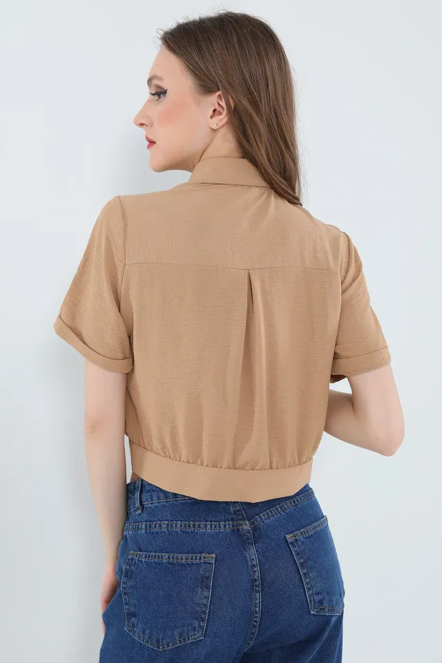 Kadın Kısa Kollu Yazlık Ayrobin Crop Gömlek Ceket Bisküvi