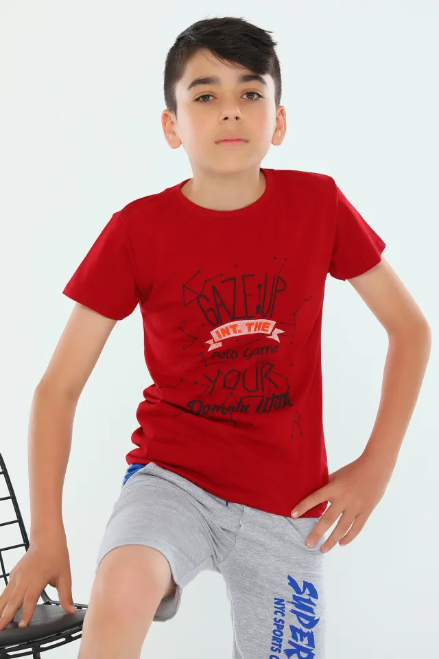 Erkek Çocuk Likralı Bisiklet Yaka Baskılı T-shirt Bordo