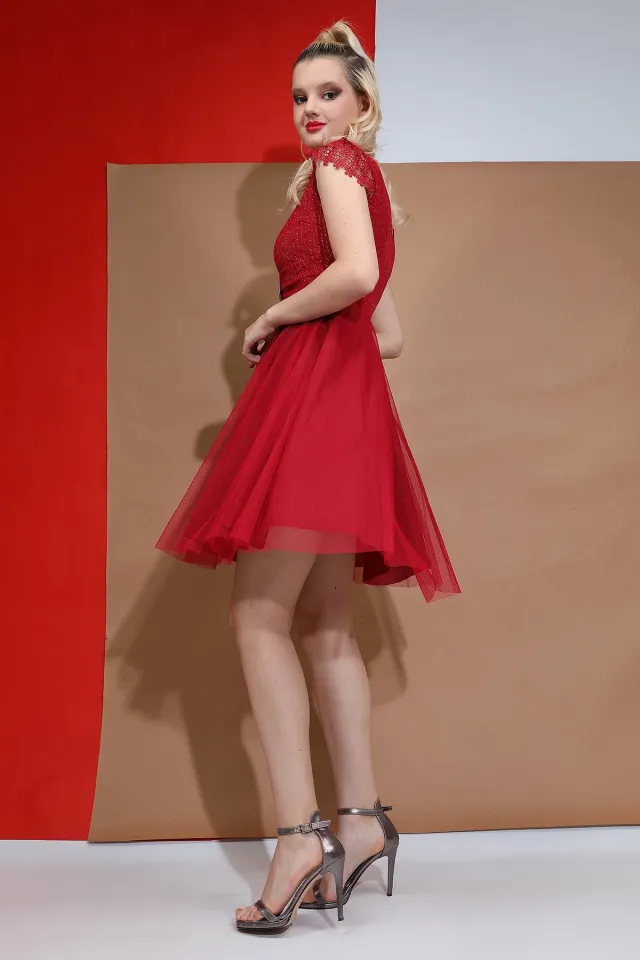 Kadın V Yaka Kol Güpürlü Astarlı Işıltılı Mini Tül Abiye Elbise Bordo