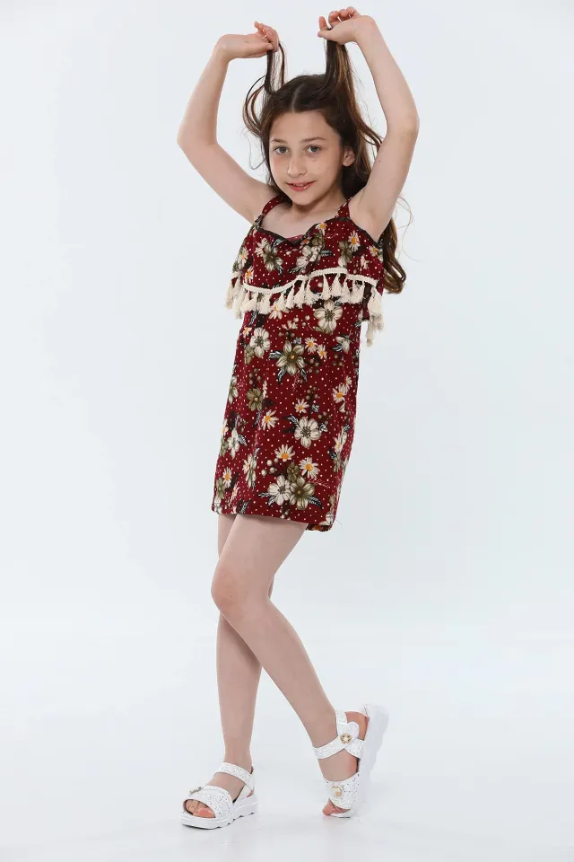Kız Çocuk Likralı Askılı Çiçek Desenli Elbise Bordo