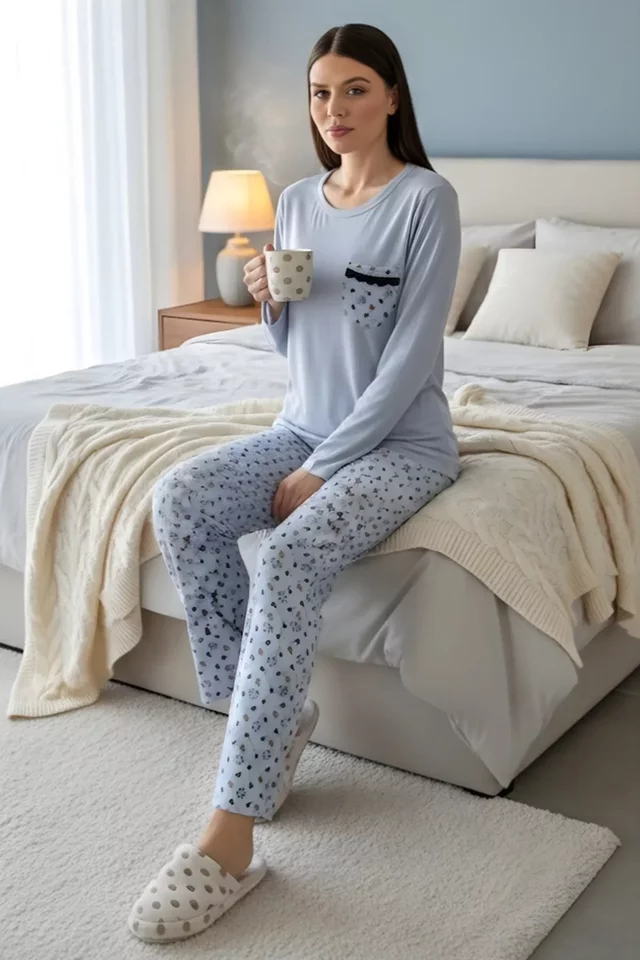 Boyraz Kadın Desenli İnterlok Pijama Takımı - 1