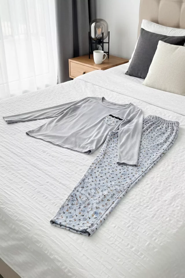 Boyraz Kadın Desenli İnterlok Pijama Takımı