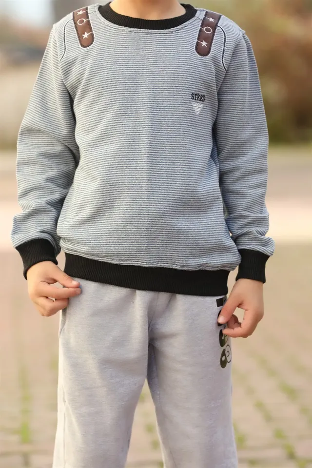 Deri Detaylı Erkek Çocuk Sweatshirt İndigo