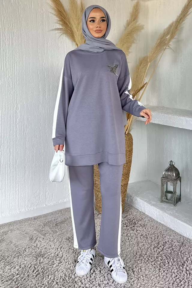 Büyük Beden Renk Garnili Taş İşlemeli Tunik Pantolon Tesettür İkili Takım