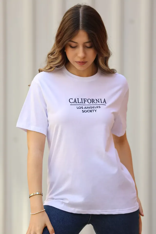 California Baskılı Kadın Kısa Kol Tişört Beyaz