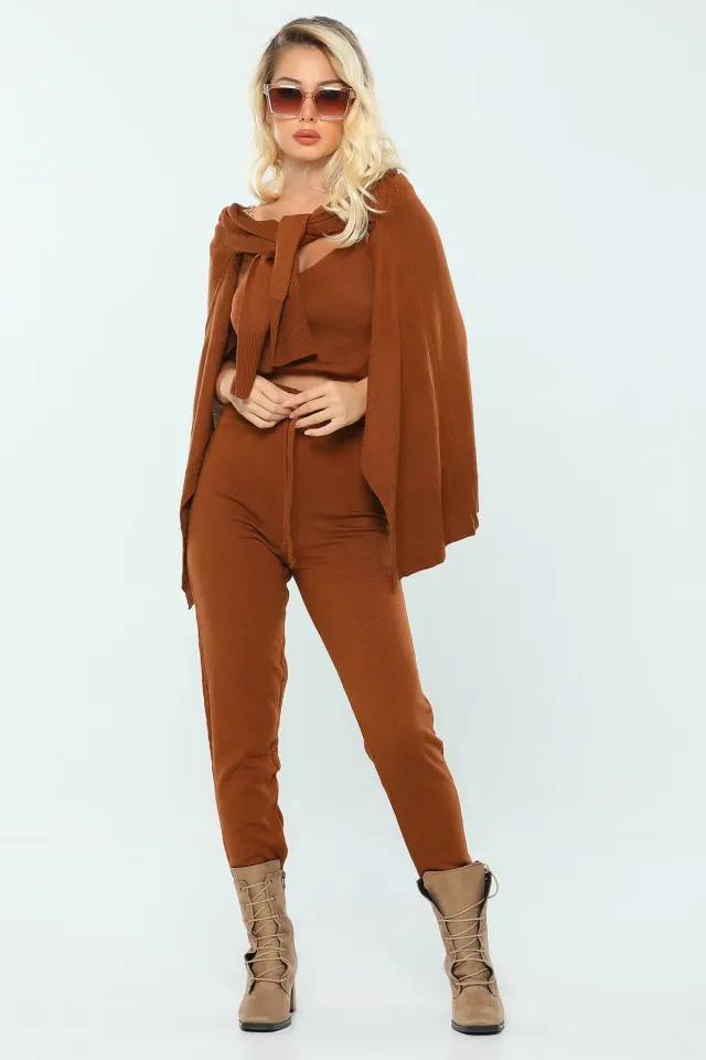 Kadın Likralı Pantolon Hırka Bluz Kombinli Üçlü Triko Takım Camel