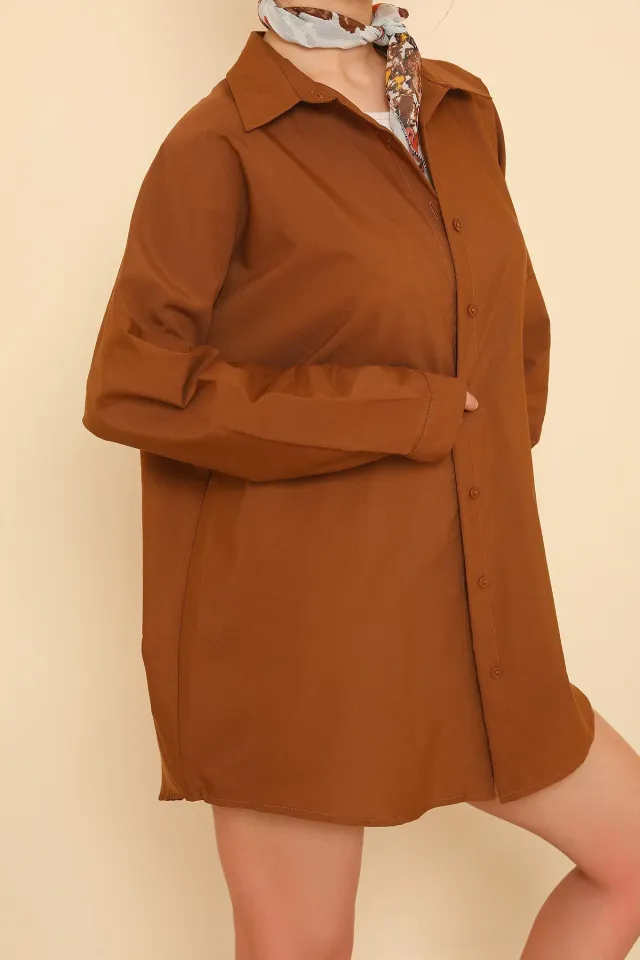 Kadın Oversize Terikoton Uzun Basic Gömlek Camel